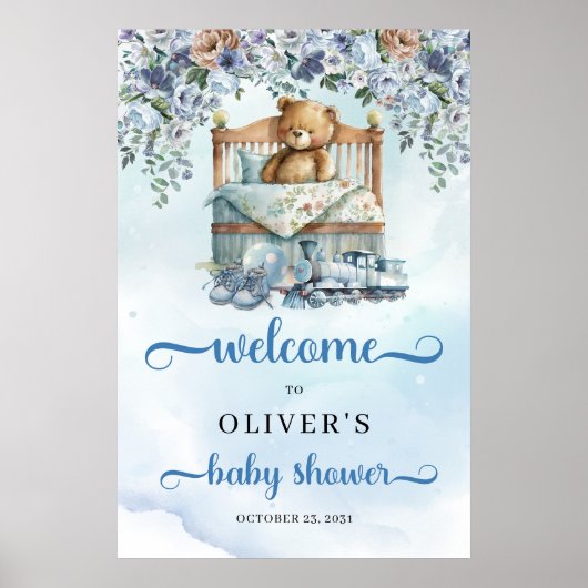 Poster Ours en peluche en berceau baby shower bleu poussi (Devant)