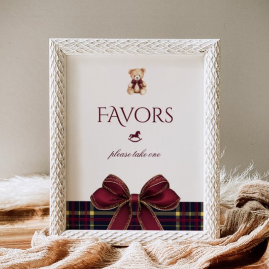 Poster Ours en peluche favoris rouge ruban doré carreaux