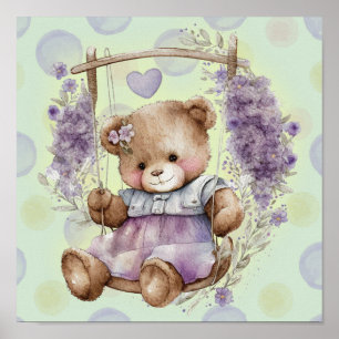 Poster Ours en peluche marron Balançant une robe lavande