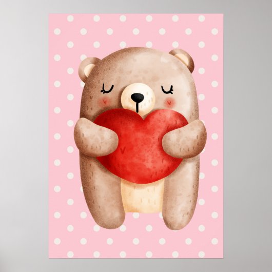 Poster Ours en peluche mignon portant un coeur rouge (Devant)
