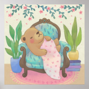 Poster Ours en peluche sur illustration de fauteuil ancie