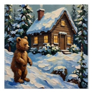 Poster Ours en peluche vintage à la cabane de pin enneigé
