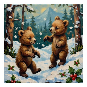 Poster Ours en peluche vintage jouant dans un Noël enneig