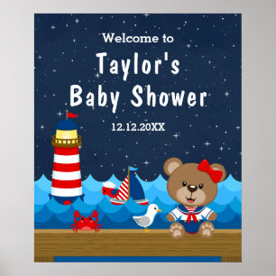 Poster Ours fille nautique rouge marine Baby Shower Bienv