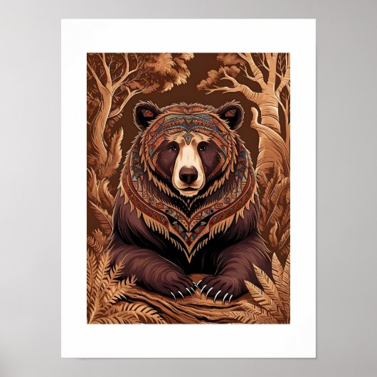 Poster Ours forestier tribal dans les tons de terre (Devant)