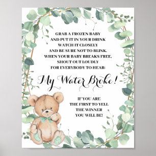 Poster Ours Green My Water Broke Baby shower Jeu