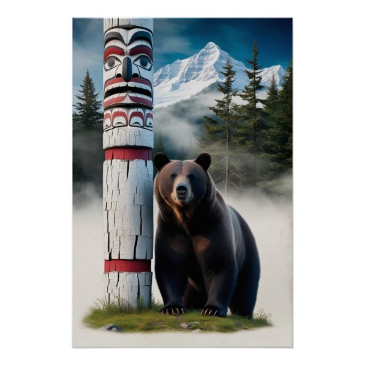 Poster Ours grizzli avec Totem Pole Art de la faune (Devant)