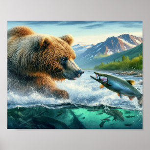 Poster Ours grizzli avec truite arc-en-ciel saumon 8x10