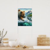 Poster Ours Grizzly avec saumon à truite arc-en-ciel 16x2 (Cuisine)