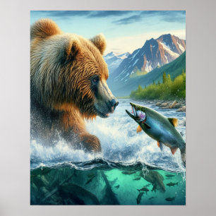 Poster Ours Grizzly avec saumon à truite arc-en-ciel 16x2