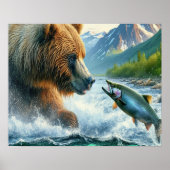 Poster Ours Grizzly avec saumon à truite arc-en-ciel 16x2 (Devant)