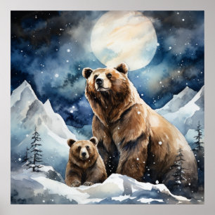 Poster Ours Grizzly et Bébé