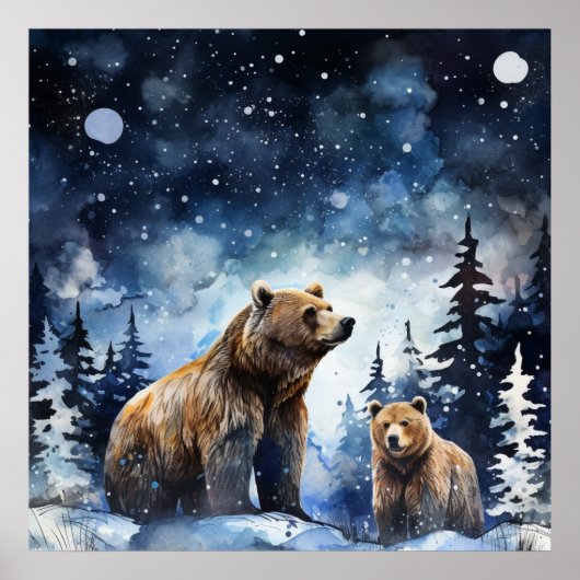 Poster Ours Grizzly et bébé (Devant)
