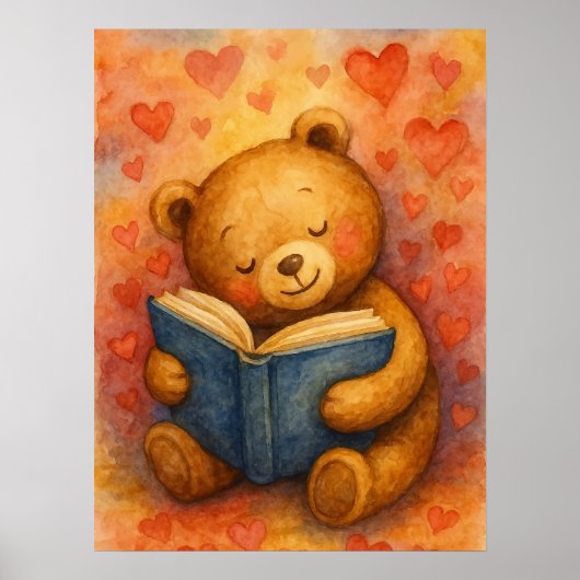 Poster Ours Lecteur en Amour – Art Aquarelle (Sans Texte) (Devant)