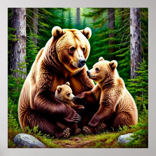Poster Ours mère avec des oursons dans un cadre forestier (Devant)