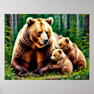 Poster Ours mère avec ses oursons dans un cadre forestier