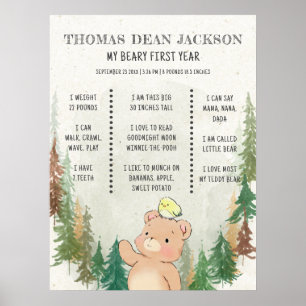 Poster Ours mignon Béary Rustique 1er anniversaire Jalon 