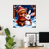 Poster Ours mignon tenant un lapin (Bureau à domicile)
