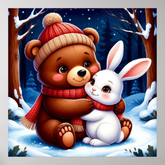 Poster Ours mignon tenant un lapin (Devant)