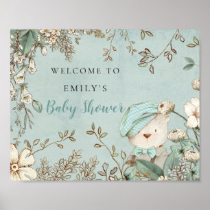 Poster Ours mignon vintage Bienvenue Baby Shower Bleu Pou