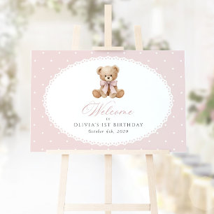 Poster Ours, Nœud, Points roses, Bienvenue pour le premie