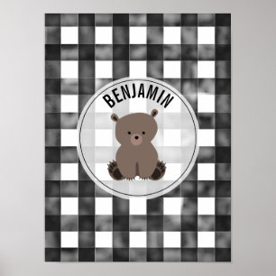 Poster Ours Noir + Blanc En vichy Baby Nursery