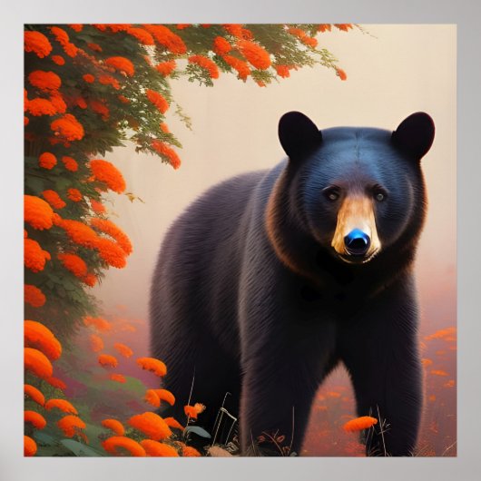 Poster Ours noir en fleurs orange (Devant)