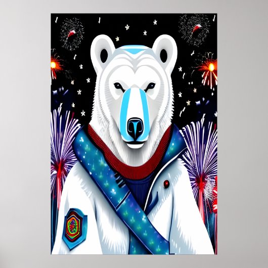 Poster Ours polaire en uniforme et feu d'artifice | Art A (Devant)