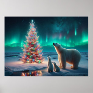 Poster Ours Polaire Maman Cubs Arbre de Noël Aurora Borea