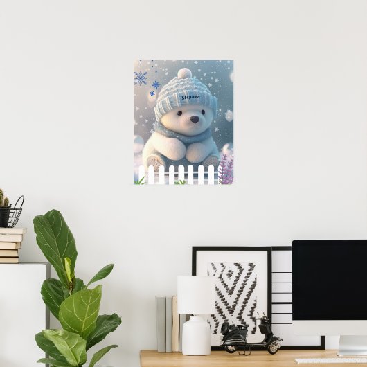Poster Ours polaire mignon en Casquette bleu neige Écarf  (Bureau à domicile)