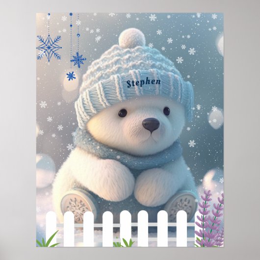 Poster Ours polaire mignon en Casquette bleu neige Écarf (Devant)