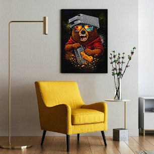 Poster Ours Rétro Avec Chapeau Râpe à Fromage et Lunettes
