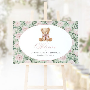 Poster Ours, Ruban Rose, Fleurs Roses, Bienvenue à une Ba