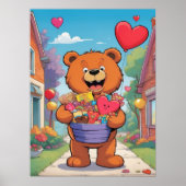 Poster Ours souriant en peluche avec panier cadeau Valent (Devant)