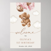 Poster Ours Teddy, Ballons Roses, Accueil Premier Anniver (Devant)