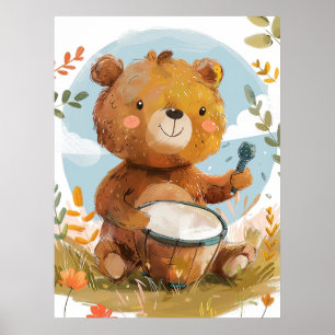 Poster Ours Whimsical Jouer Drum Nursery Wall Art