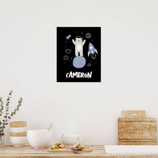 Poster Ourson de dessin animé mignon dans l'espace (Cuisine)