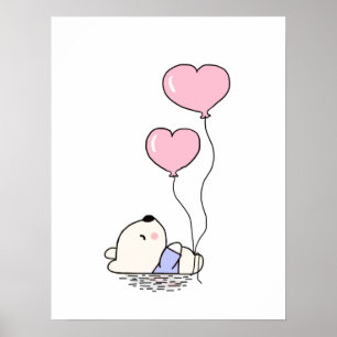 Poster Ourson Mignon avec Ballons Roses Chambre de Filles