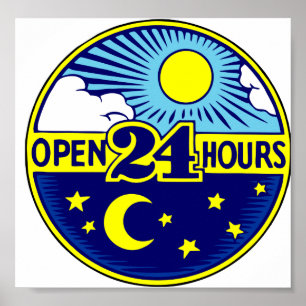 Poster Ouvert 24 heures Soleil et Lune