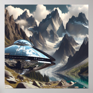 Poster OVNI métallique brillant dans les montagnes