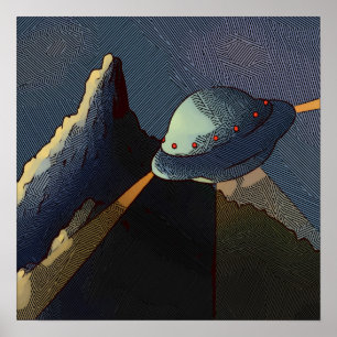 Poster ovni volant montagnes paysage fantaisiste extrater