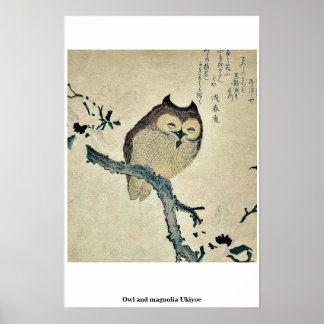 Poster Owl et magnolia Ukiyoe