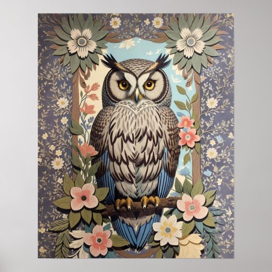Poster Owl Pastel Floral William Morris Inspiré (Devant)