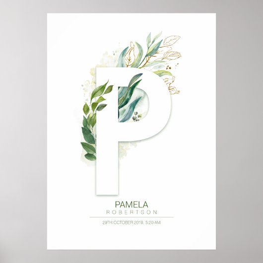 Poster P Lettre Monogramme Or Feuillage Chic (Devant)