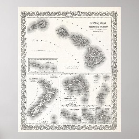 POSTER PACIFIQUE DU SUD ET ÎLES HAWAII CARTE 1855 (Devant)