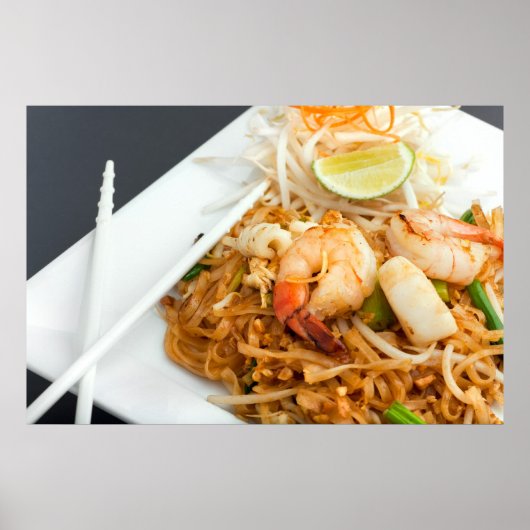 Poster Pad de fruits de mer Noodles de riz frits Thai (Devant)