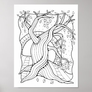 Poster Page de coloration de l'arbre torsadée de la forêt
