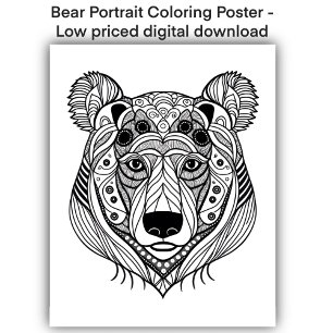 Poster Page de coloration - Portrait d'ours, Couleur de v