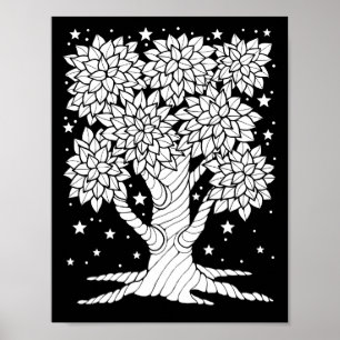 Poster Page de coloriage de l'arbre de nuit de la forêt d