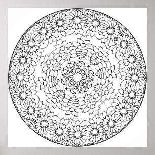 Poster Page de coloriage de mandala floral avec des pétal